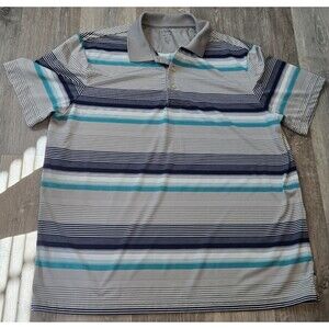CHAPS Mens XL Polo Shirt Gray Blue Striped Short Sleeve‎ Casual Golf